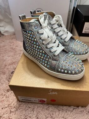 Christian Louboutin Silver Crystal-Studded High-Top Sneakers